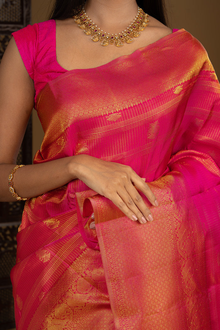 Deep Pink Floral Kanjivaram Silk Saree