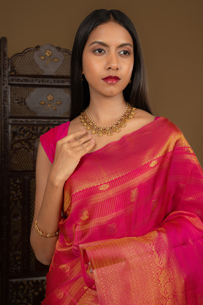 Deep Pink Floral Kanjivaram Silk Saree