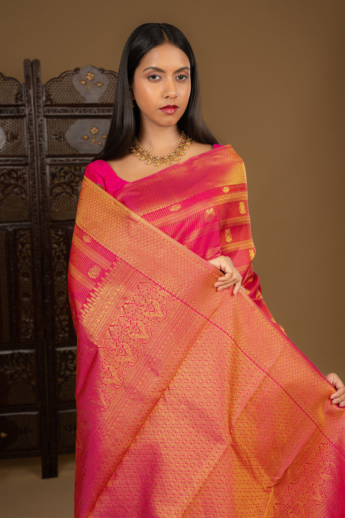 Deep Pink Floral Kanjivaram Silk Saree