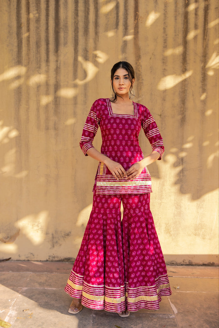 Deep Pink Floral Printed Layered Cotton Indo Western Set