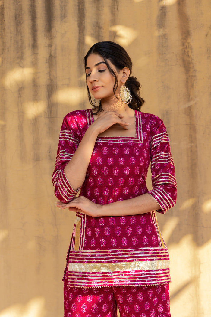 Deep Pink Floral Printed Layered Cotton Indo Western Set