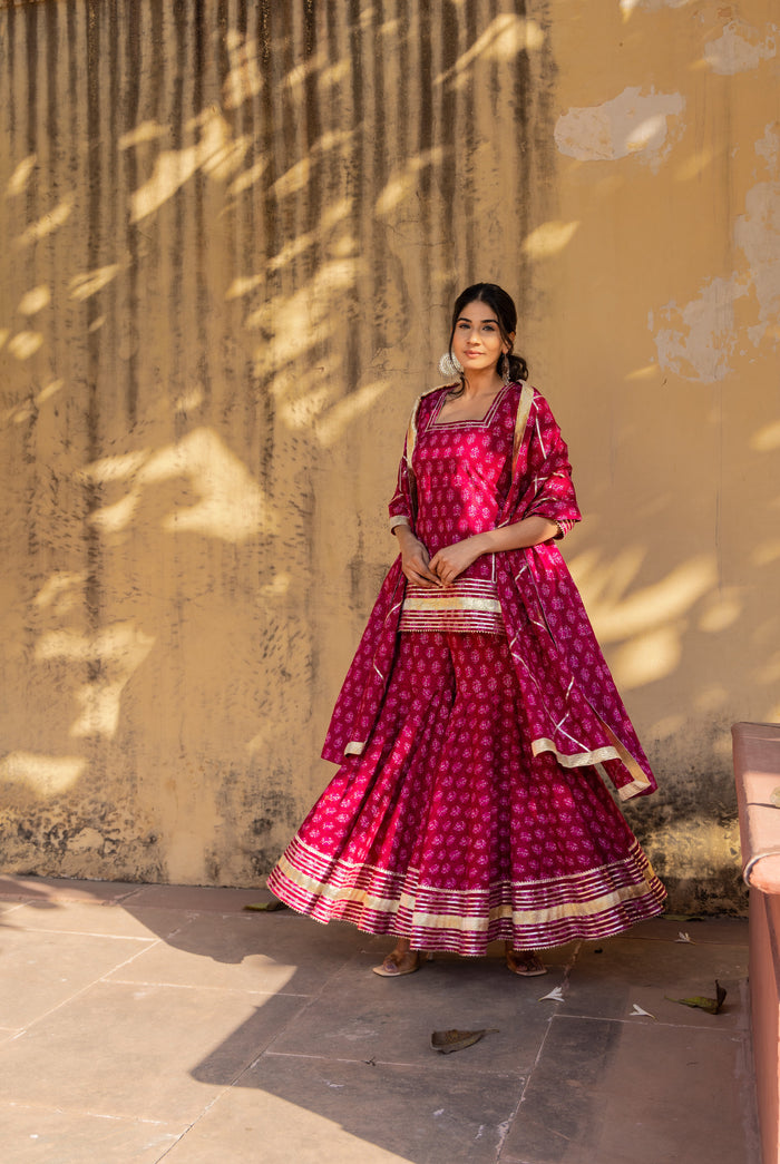 Deep Pink Floral Printed Layered Cotton Indo Western Set