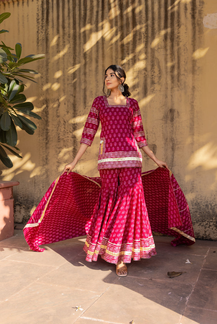 Deep Pink Floral Printed Layered Cotton Indo Western Set