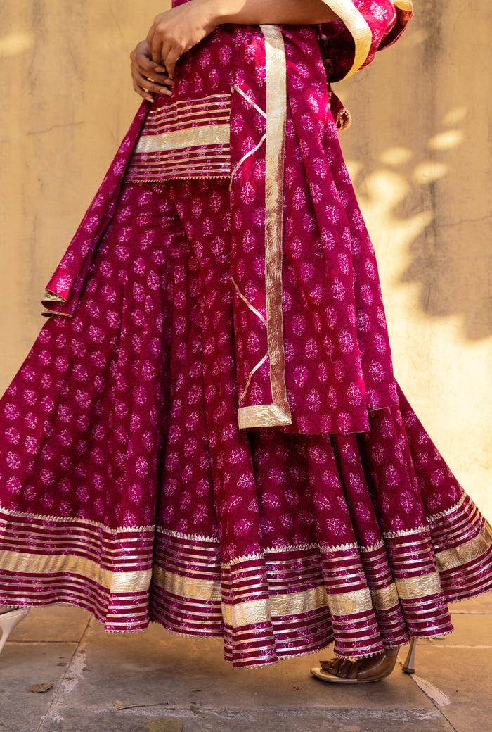 Deep Pink Floral Printed Layered Cotton Indo Western Set