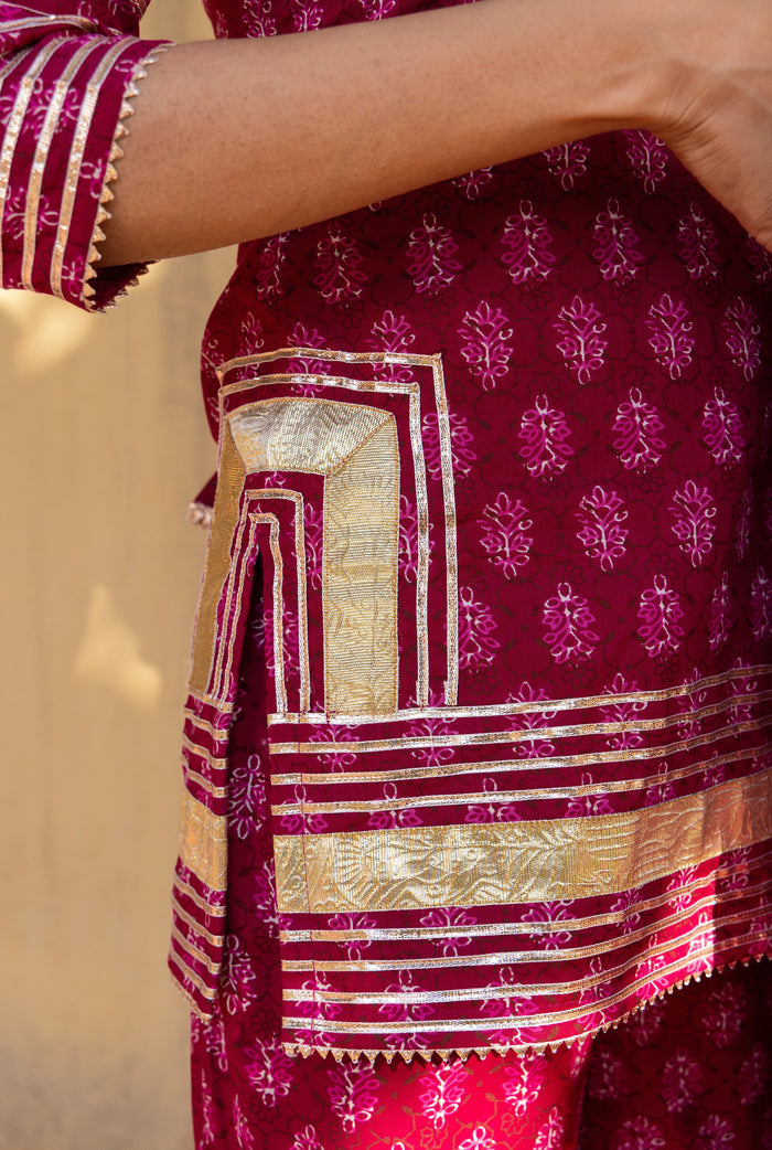 Deep Pink Floral Printed Layered Cotton Indo Western Set