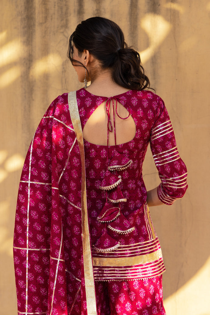 Deep Pink Floral Printed Layered Cotton Indo Western Set