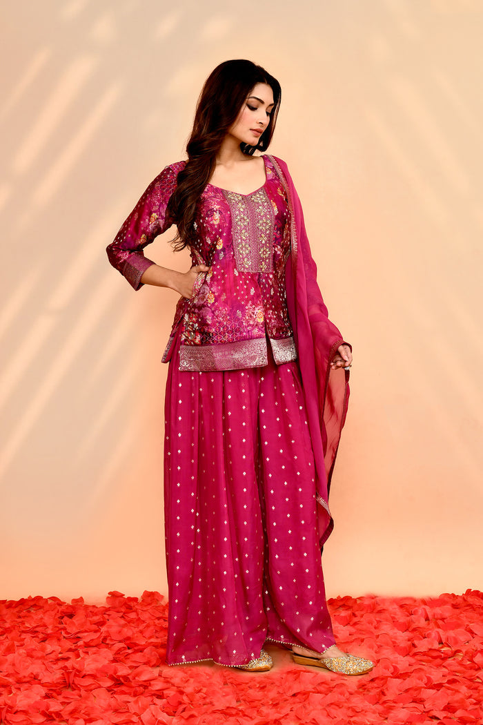 Deep Pink Georgette Floral Sharara Set