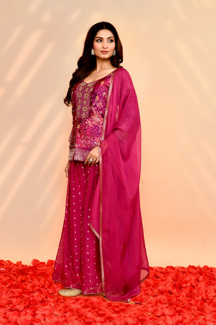 Deep Pink Georgette Floral Sharara Set