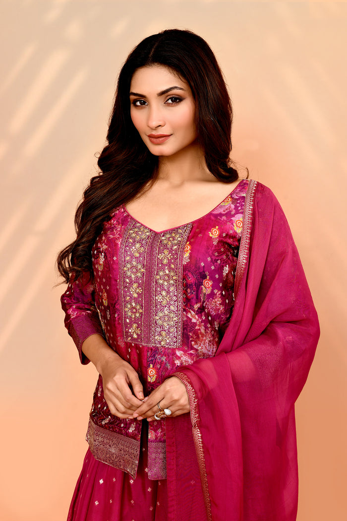 Deep Pink Georgette Floral Sharara Set