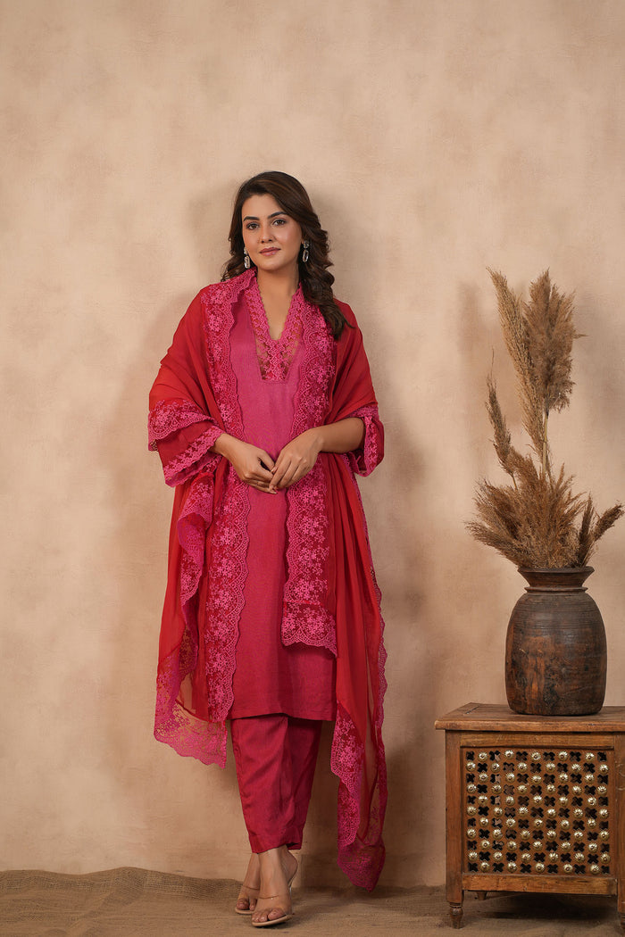 Deep Pink Russian Silk Solid Kurti Set