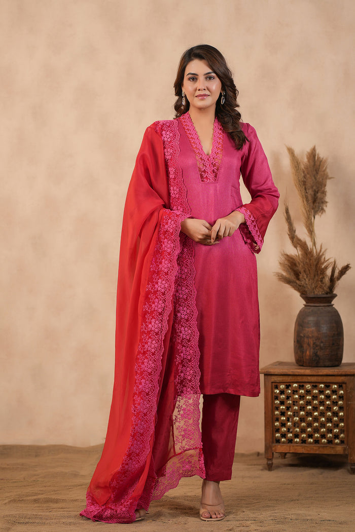 Deep Pink Russian Silk Solid Kurti Set