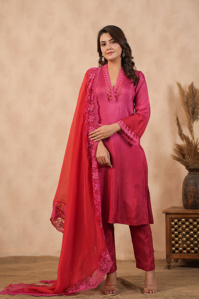 Deep Pink Russian Silk Solid Kurti Set