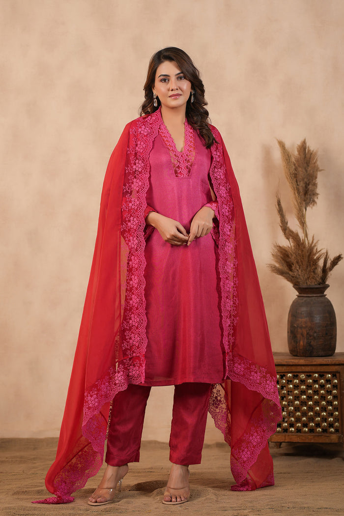 Deep Pink Russian Silk Solid Kurti Set