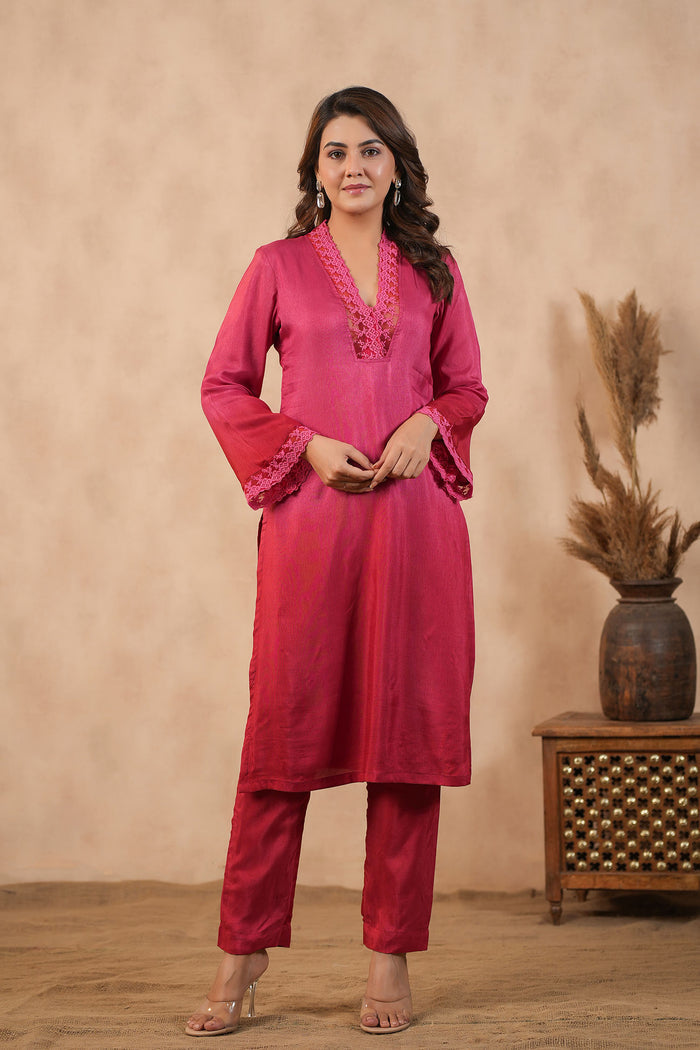 Deep Pink Russian Silk Solid Kurti Set