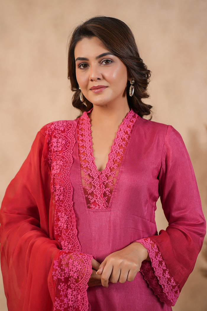 Deep Pink Russian Silk Solid Kurti Set