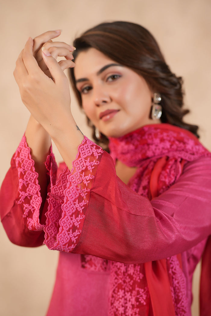 Deep Pink Russian Silk Solid Kurti Set