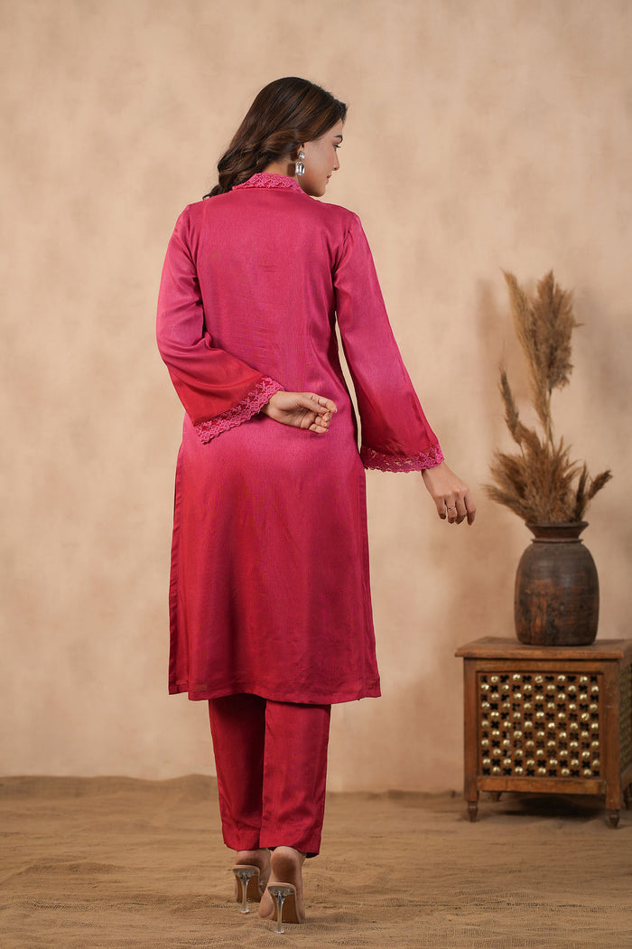 Deep Pink Russian Silk Solid Kurti Set