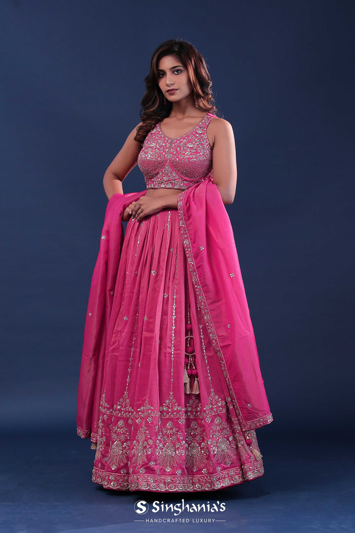<img> Deep Pink Silk Lehenga Set With Net Dupatta