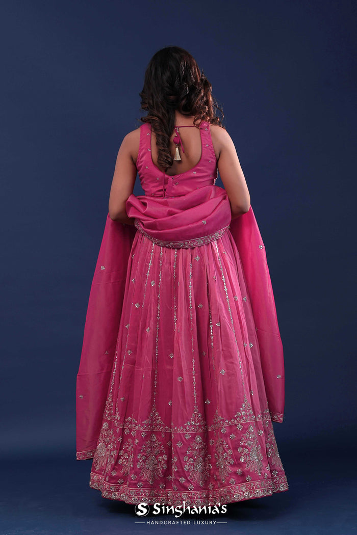 <img> Deep Pink Silk Lehenga Set With Net Dupatta