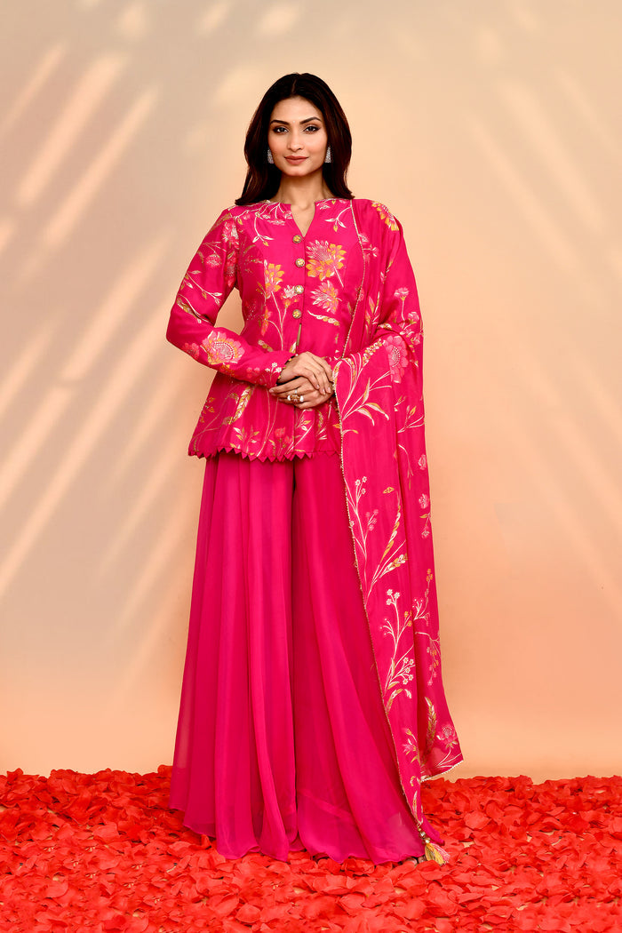 Deep Pink Tissue Silk Floral Peplum Set