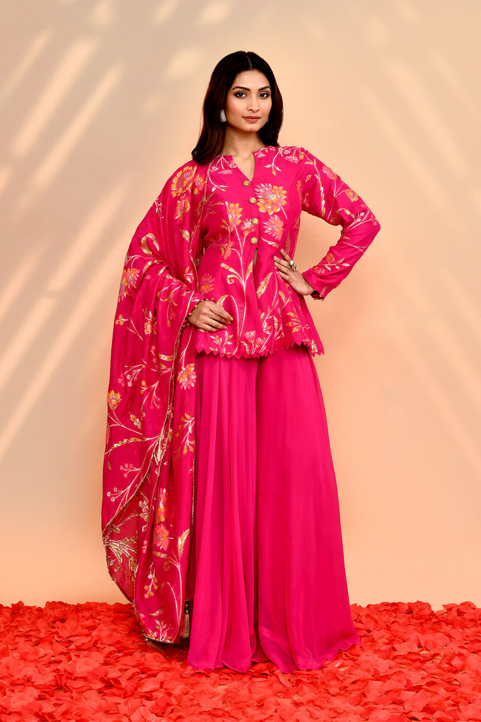 Deep Pink Tissue Silk Floral Peplum Set