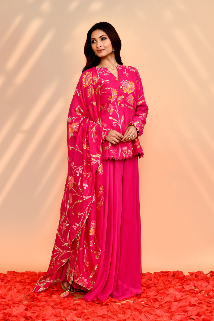 Deep Pink Tissue Silk Floral Peplum Set
