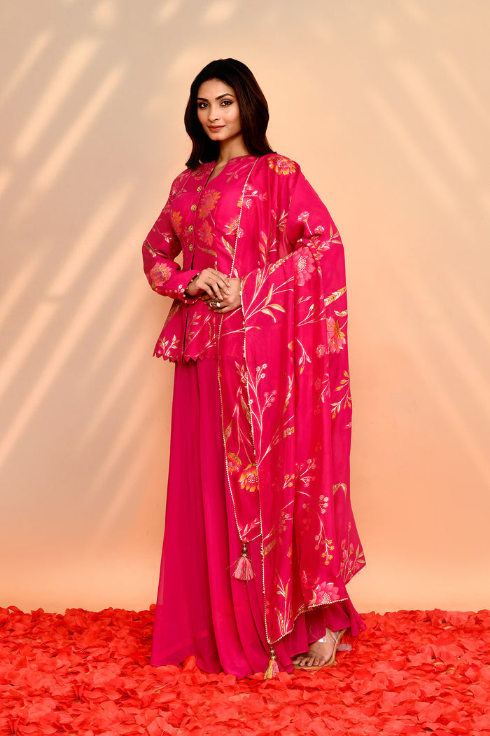 Deep Pink Tissue Silk Floral Peplum Set