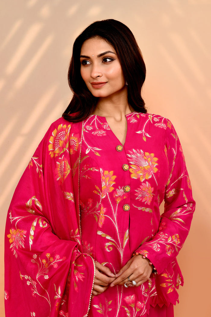 Deep Pink Tissue Silk Floral Peplum Set