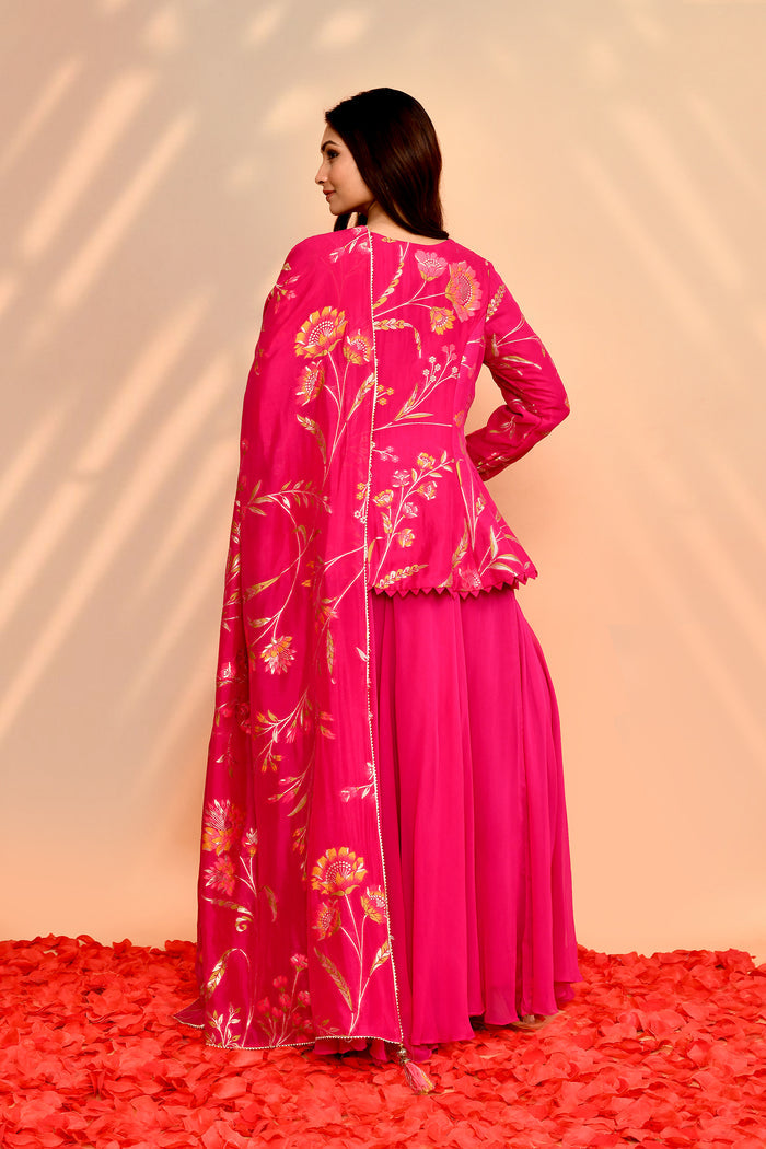 Deep Pink Tissue Silk Floral Peplum Set