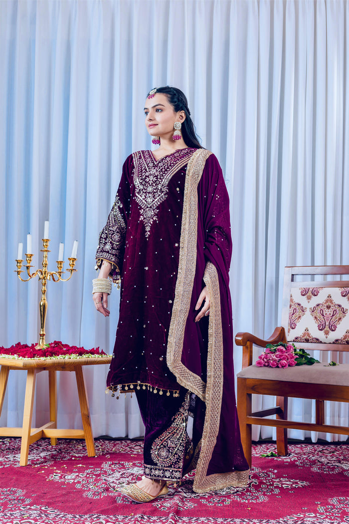 Deep Plum Purple Velvet Embroidered Kurti Set