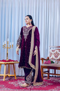 Deep Plum Purple Velvet Embroidered Kurti Set