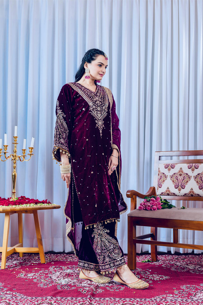 Deep Plum Purple Velvet Embroidered Kurti Set