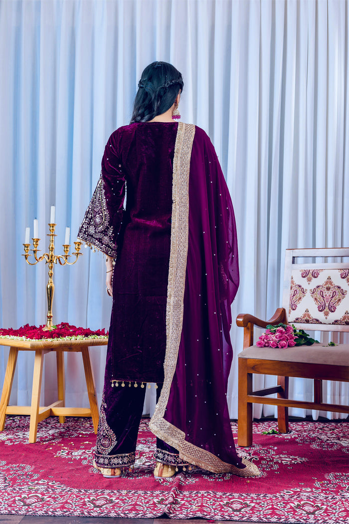 Deep Plum Purple Velvet Embroidered Kurti Set