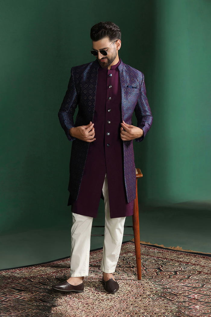 Deep Purple And White Solid Jacquard Sherwani Set