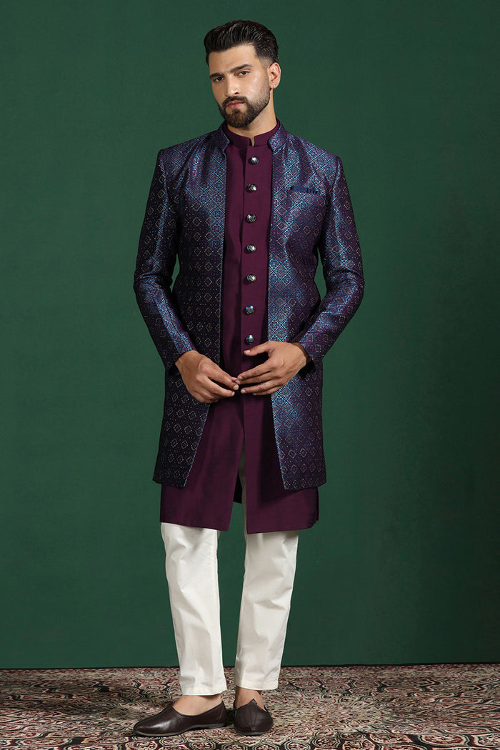 Deep Purple And White Solid Jacquard Sherwani Set