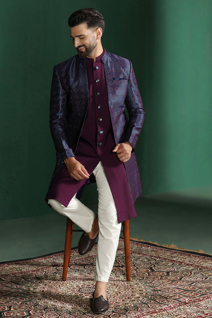 Deep Purple And White Solid Jacquard Sherwani Set