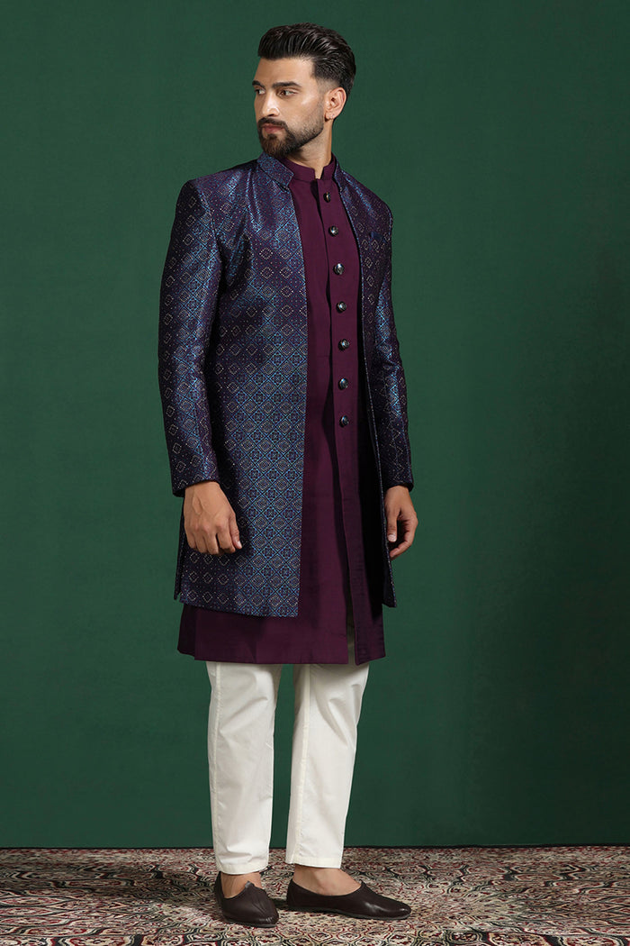Deep Purple And White Solid Jacquard Sherwani Set