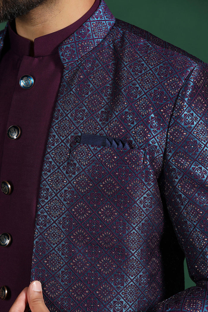 Deep Purple And White Solid Jacquard Sherwani Set