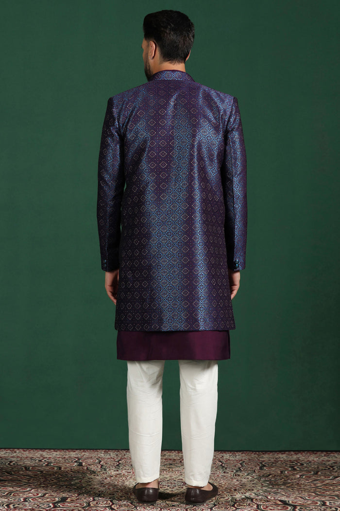 Deep Purple And White Solid Jacquard Sherwani Set
