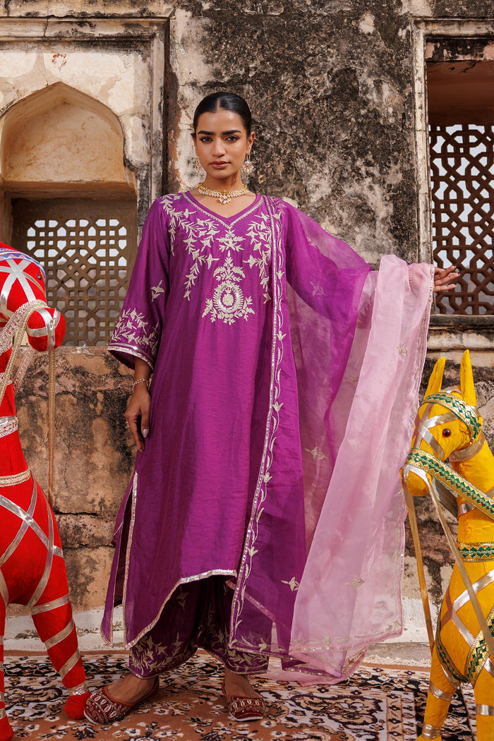 Deep Purple Chanderi Salwar Set With Vine Embroidery