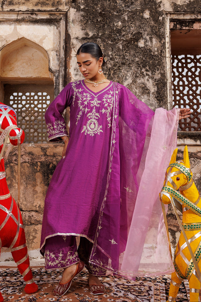 Deep Purple Chanderi Salwar Set With Vine Embroidery
