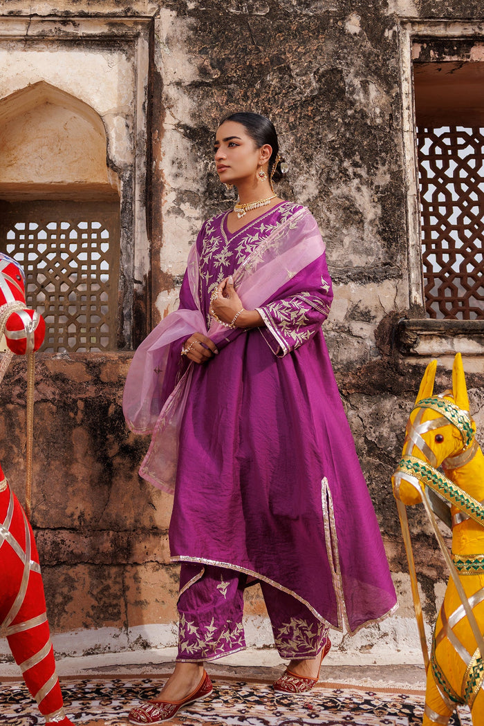 Deep Purple Chanderi Salwar Set With Vine Embroidery