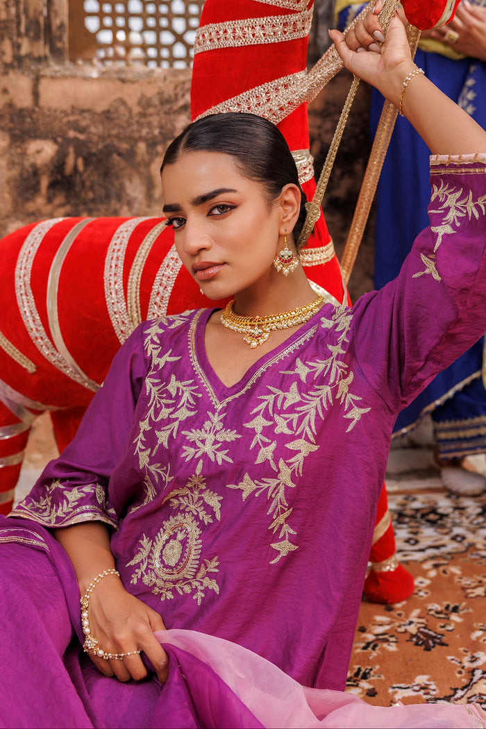 Deep Purple Chanderi Salwar Set With Vine Embroidery