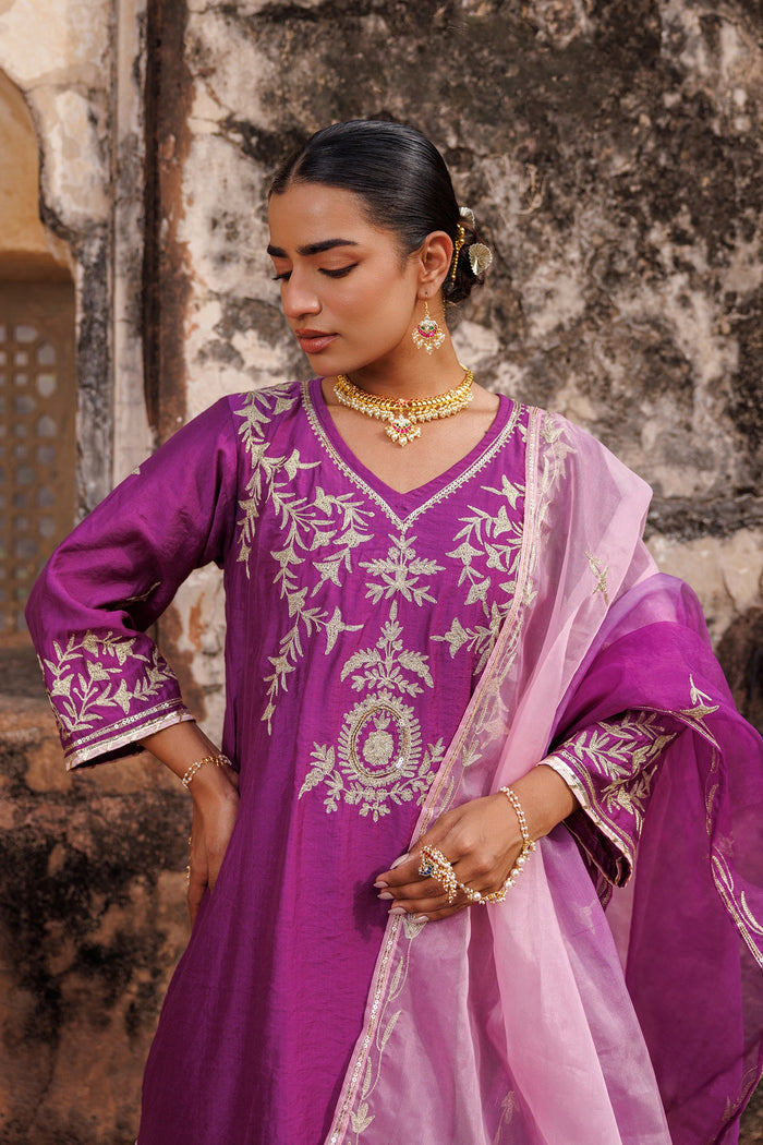 Deep Purple Chanderi Salwar Set With Vine Embroidery