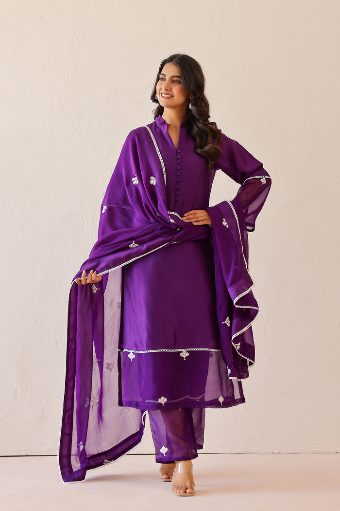 <img> Deep Purple Russian Silk Solid Kurti Set