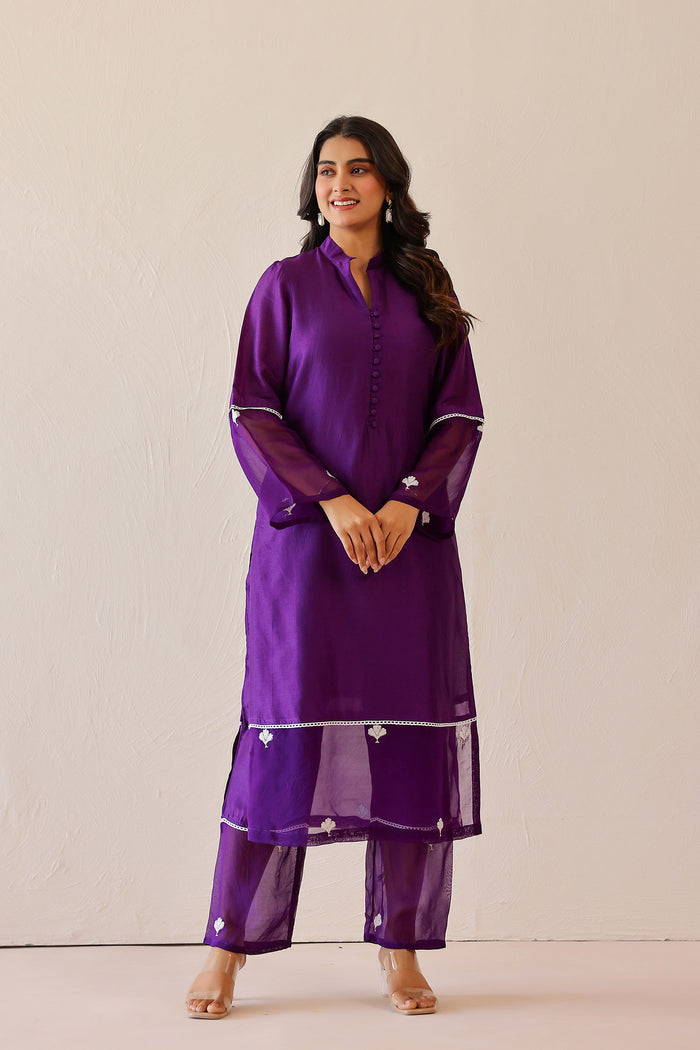<img> Deep Purple Russian Silk Solid Kurti Set