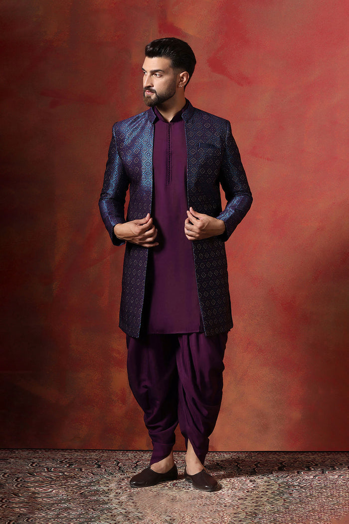 Deep Purple Solid Jacquard Sherwani Set