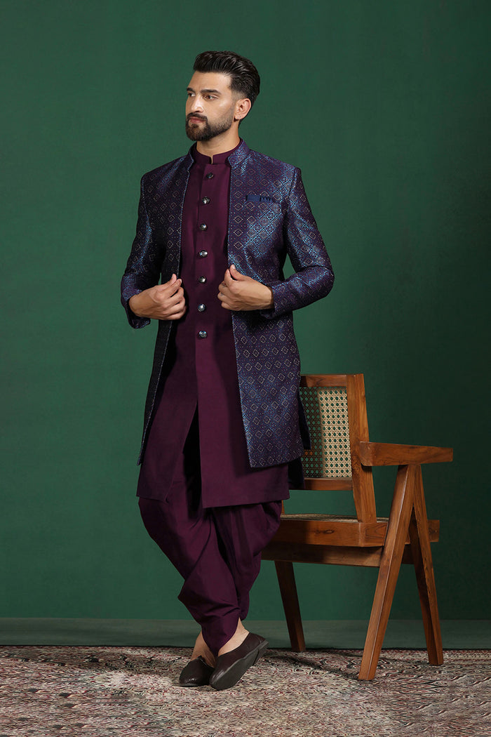Deep Purple Solid Jacquard Sherwani Set