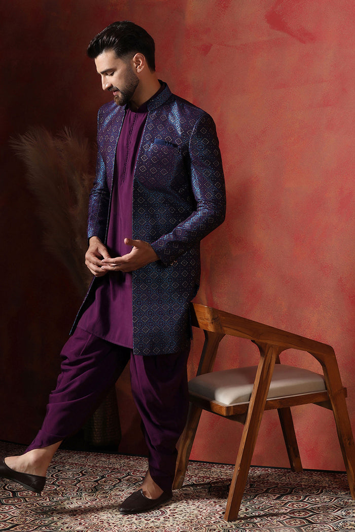 Deep Purple Solid Jacquard Sherwani Set