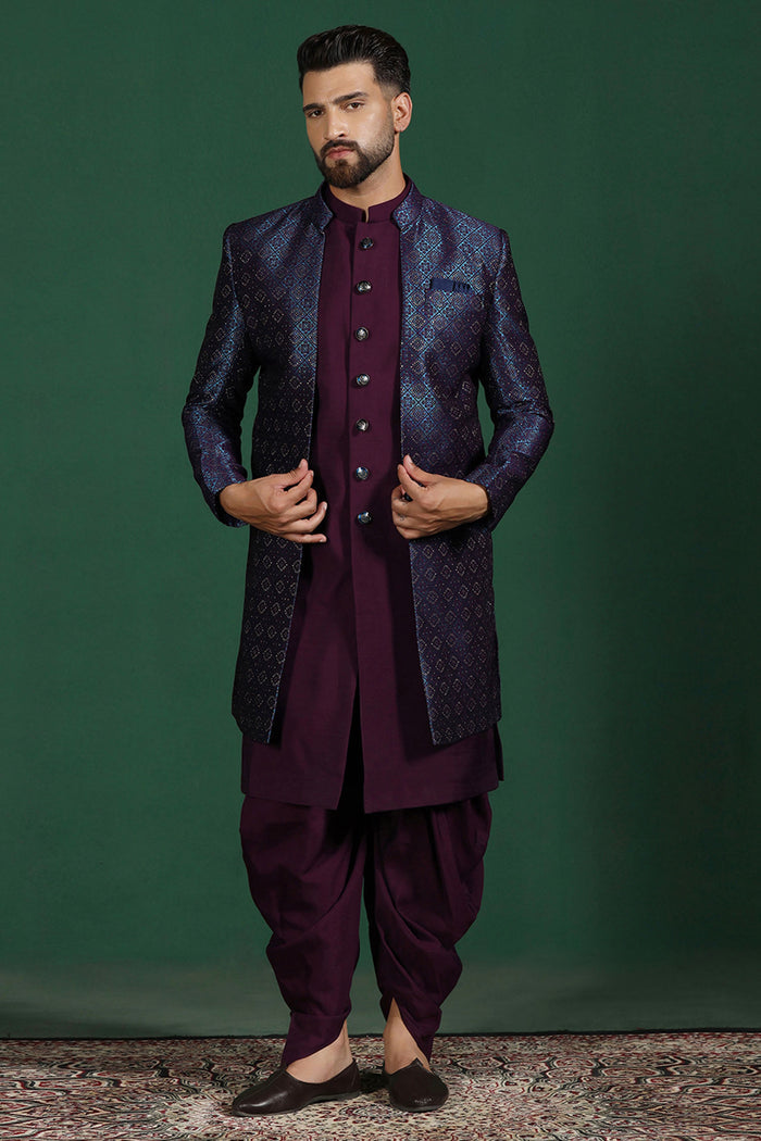 Deep Purple Solid Jacquard Sherwani Set